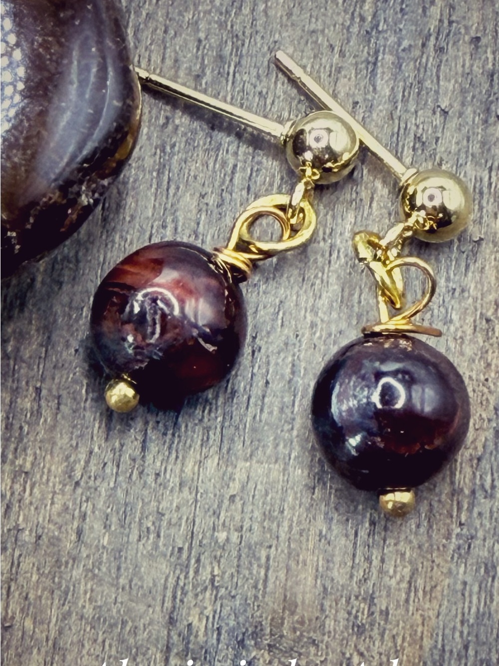 Gold Drop Earrings with Dark Brown Pearl Beads